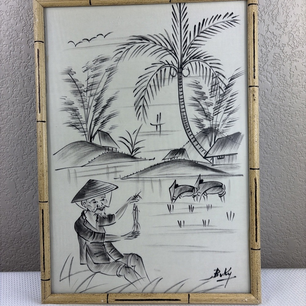 Framed Artist BEKY Ink on Silk PAINTING of "Fisherman" Asia Art fishing 15"x11"